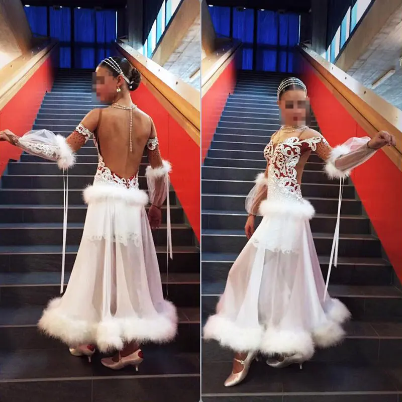 

Ballroom dance competition dresses backless Bubble sleeve White Modern dance dress Feathered Waltz dance dress