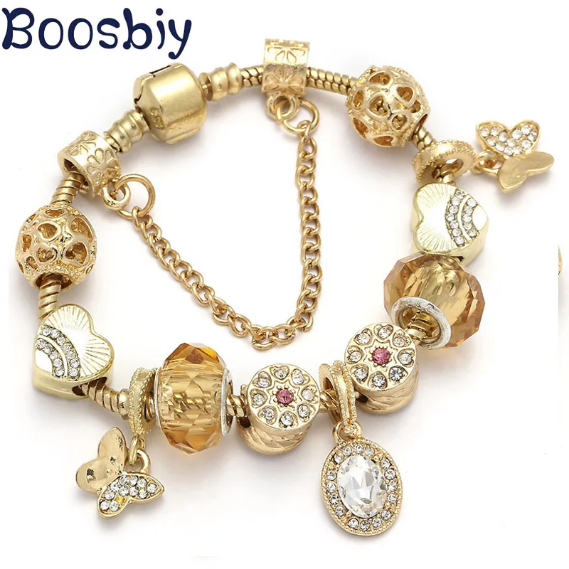 Boosbiy European Style Charm Bracelets With Gold Snake Chain & Murano