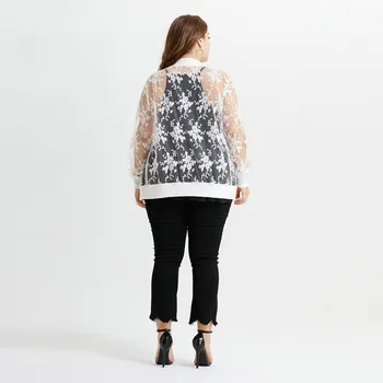 

2020 plus size Jacket Woman Spring and Summer Round neck coat mesh embroidered knitting white clothes XXXL