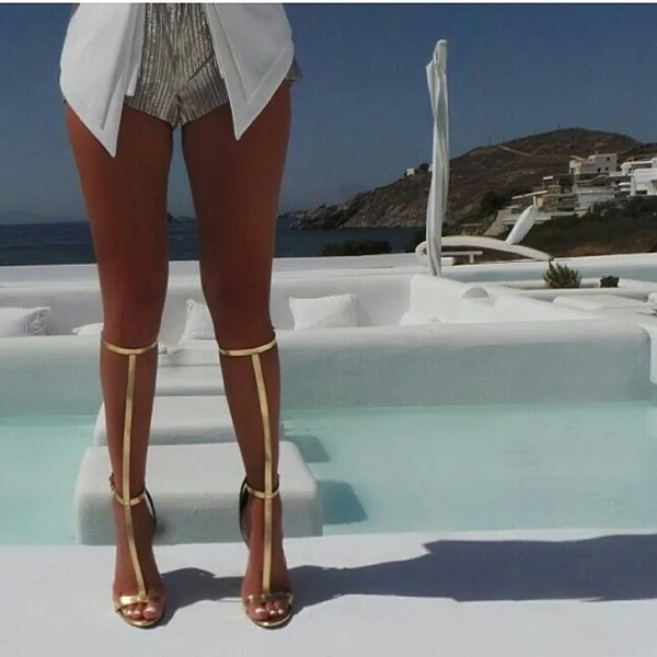 Летние золотистые босоножки до колена на длинных ремешках Ботинки-сандалии на высоком каблуке с Т-образной перепонкой размер США 10