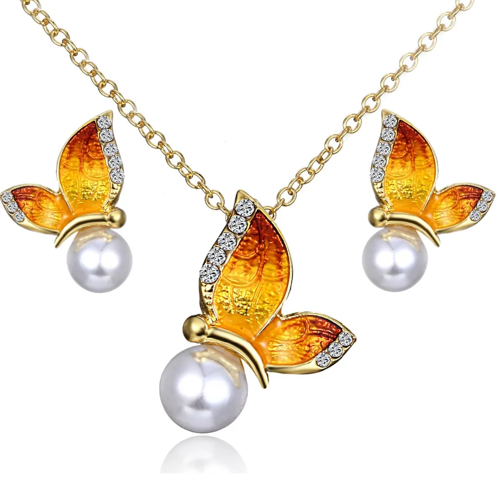 Животный Ювелирный Комплект бабочка эмаль бабочка серьги ожерелье кулон наборы искусственный жемчуг для женщин Свадебная вечеринка ювелирные изделия