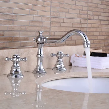

Europe Type Style Chrome Dual Handle Bathroom Mixer Faucet Deck Mounted 3 Install Holes Hot And Cold Water Lavatory Sink Taps