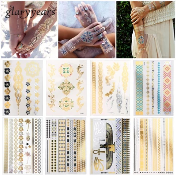 

8 Sheets Metallic Tattoo Temporary Sticker Wing Eye Flower Lace Chain Design Fake Bracelet Tattoo Chest Body Art Decal for Women