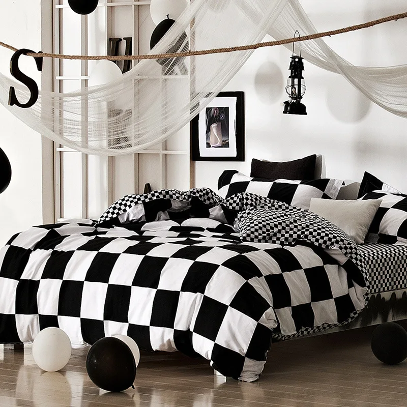 

4pcs Cotton Bedding Sets Grid Printed Simple Double Bed Cover Pillowcases Bed Sheets Bedclothes Duvet Quilt Cover