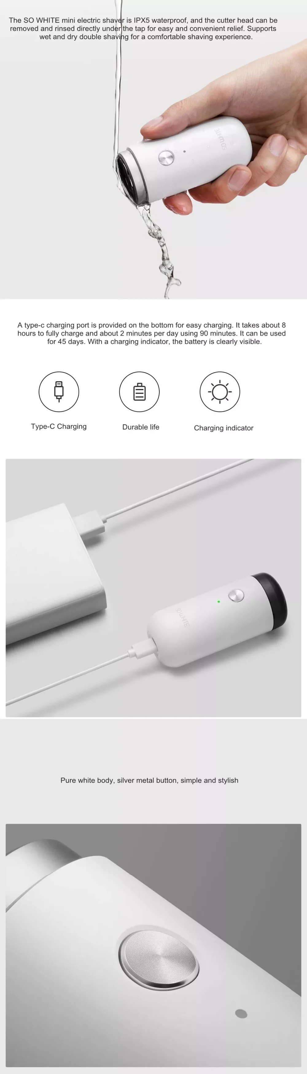 Оригинал Xiaomi Mijia So White мини-электробритва влажное сухое ручное бритье IPX5 Водонепроницаемый Тип-C заряжается глубокая борода бритья