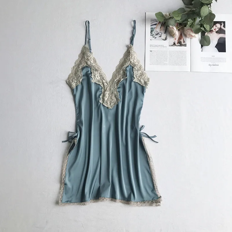 Бирюзовый Silka излишки сексуальное женское нижнее белье мини платье Babydoll дамское нижнее белье без рукавов ночное белье Лето атласная домашняя одежда - Цвет: Бирюзовый