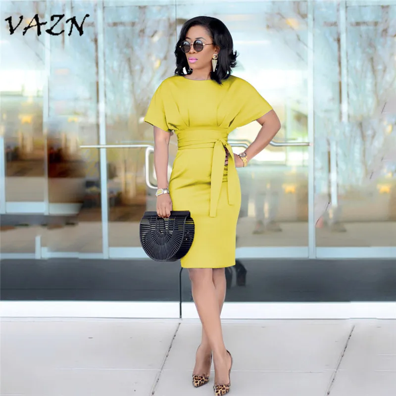 VAZN, высокое качество, дизайн, повседневное Стильное женское платье, одноцветное, с круглым вырезом, с коротким рукавом, с поясом, облегающее мини платье, Vestido S3351