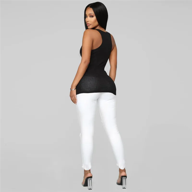 2019 White Jeans Stretch Sexy Women Skinny Jeans Mid Waist Stretch Pencil Pants Ripped Torn Jeans Combinaison Pantalon A30@