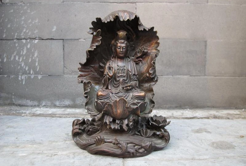 

Tibet Buddhism Red Bronze lotus flower Kwan-yin Boddhisattva Goddess Statue a 0518