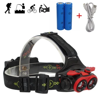 

USB Rechargeable Headlight Zoom Headlamp LED Head Lamp 2x XM-L T6 LED White Light Flashlight + 18650 Battery + USB Charger