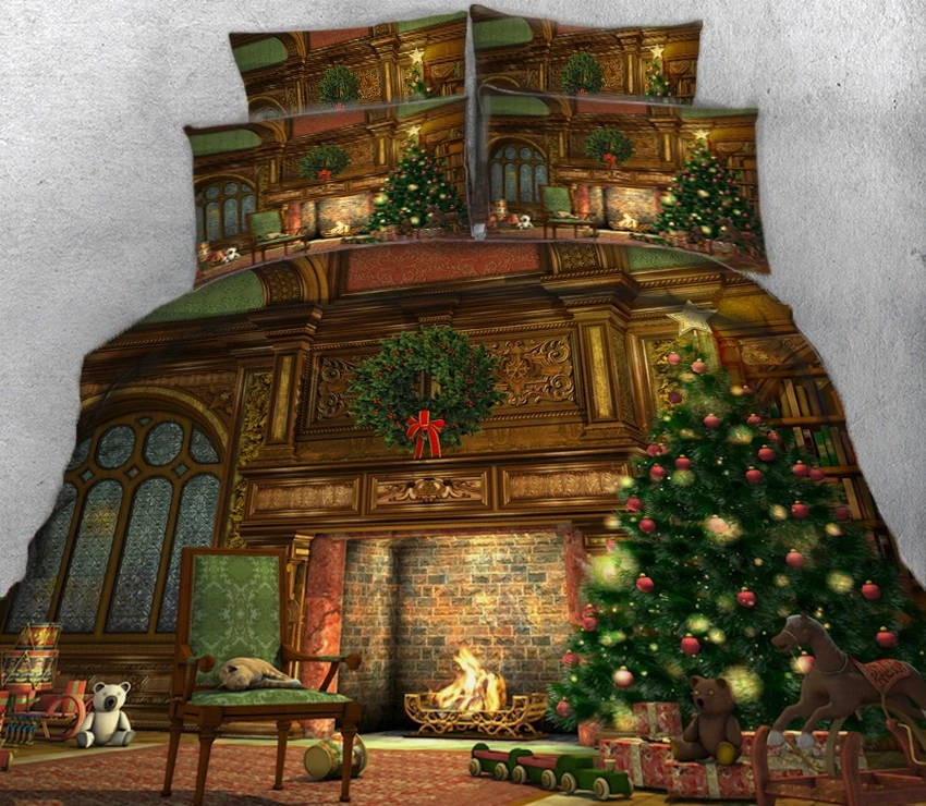 

Christmas tree in front of golden house 3d effect photo bed linen can be customized photo pattern