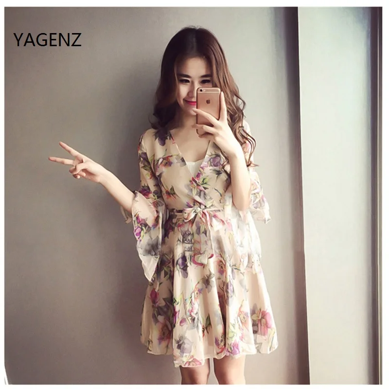 

Butterfly Sleeve 2019 Women Chiffon Print Three Cute Summer Chiffon Dress Fashion Casual Sexy Dress Top Fashion Chiffon A059