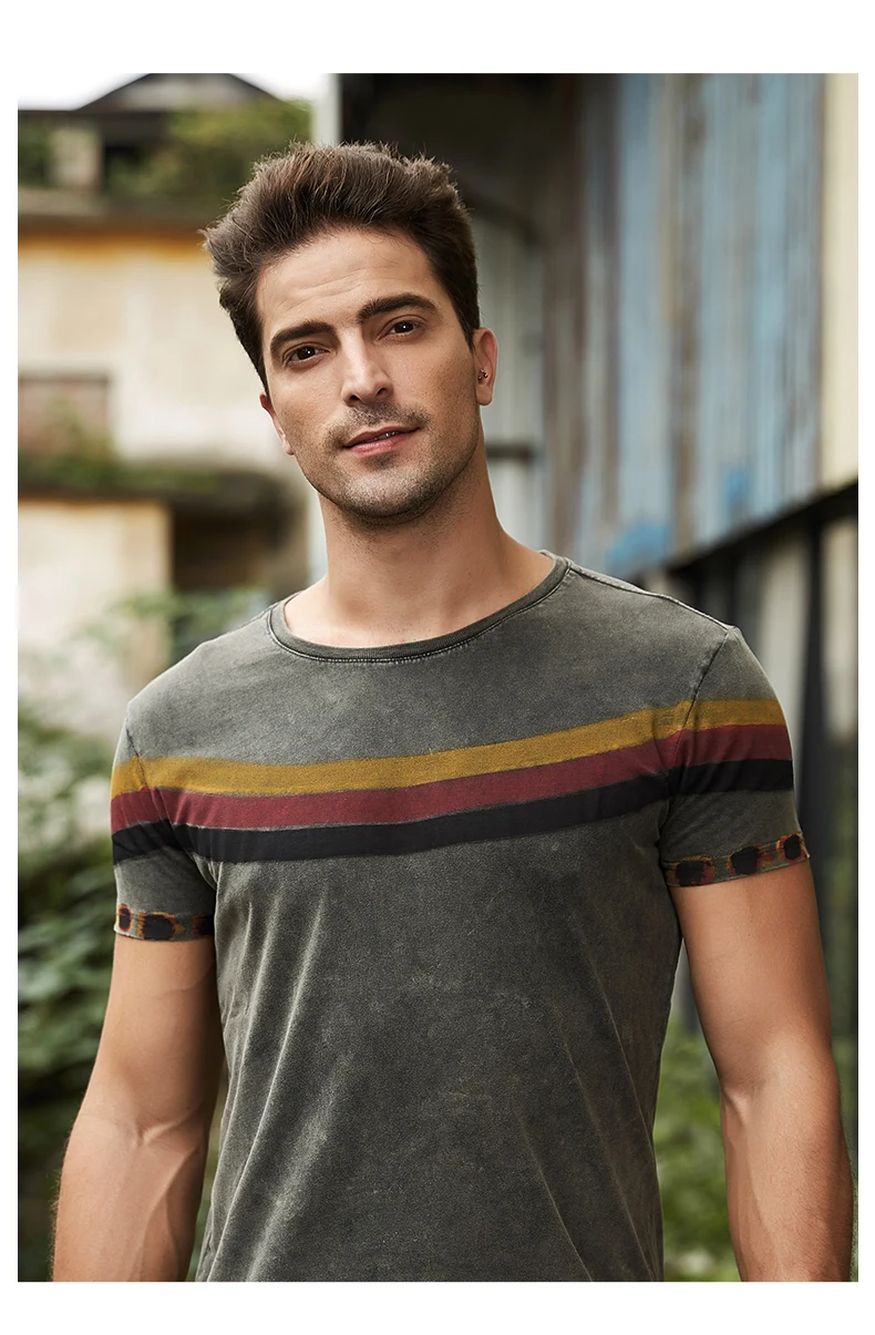 GustOmerD2019 Summer New Men's T-shirt Casual Slim Round Neck Short-sleeved Shirt Striped Print Cotton T-shirt Men