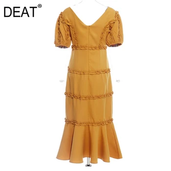 

DEAT 2020 New Spring Summer V-Neck Short Sleeve Yellow Pleated Split Joint Loose Temperament Dress Women Fashion Tide JW761