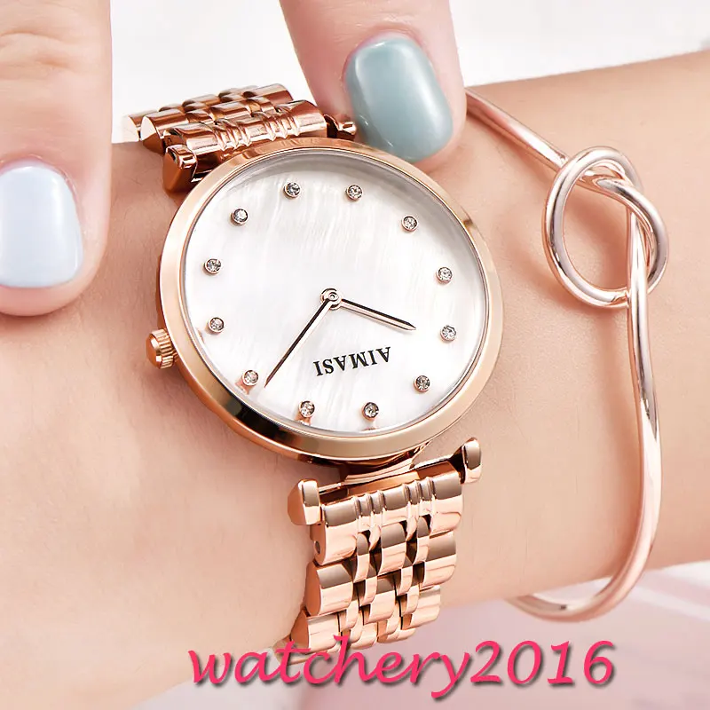 

Luxury 32.3mm AIMASI white diamond dial rose golden plated case Analog Automatic movement NEW Women's WristWatch