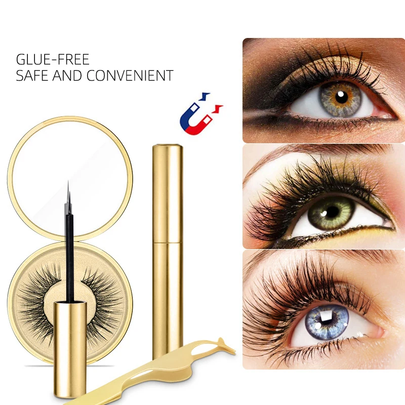 Natural Thick Magnetic Eyeliner Eyelashes Set No Glue Prevent Allergy Handmade Magnetic Fake Eyelashes With Eyelashes Applicator