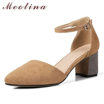 

Meotina Women Pumps High Heels Crystal Chunky High Heels Ankle Strap Shoes Pointed Toe Two Piece Shoes Female Spring Size 33-43
