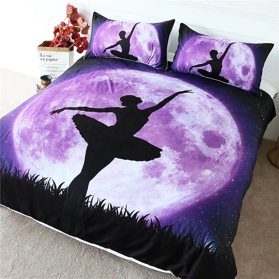 BlessLiving Ballet Bedding Set Giant Purple Moon Duvet Cover Dancing