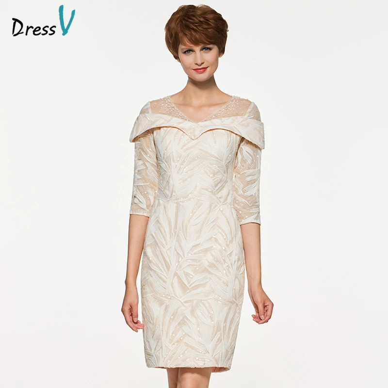 

Dressv knee length v neck mother of bride dress with 3/4 sleeves beading sequins long lace mother evening gown custom