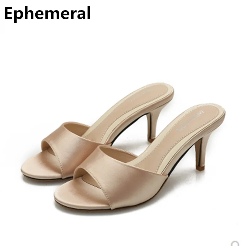 

Females silk stain slides med high heel peep toe slippers plus size shoes for party nigh club red champagne 43 33 Black fashion