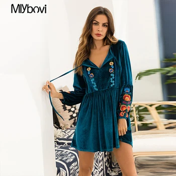 

Womens Velvet Embroider Dress Deep V Neck Bell Sleeve Sexy Dress Party Gown Dubai Turkish Islamic Dress Clothing 2019 Spring