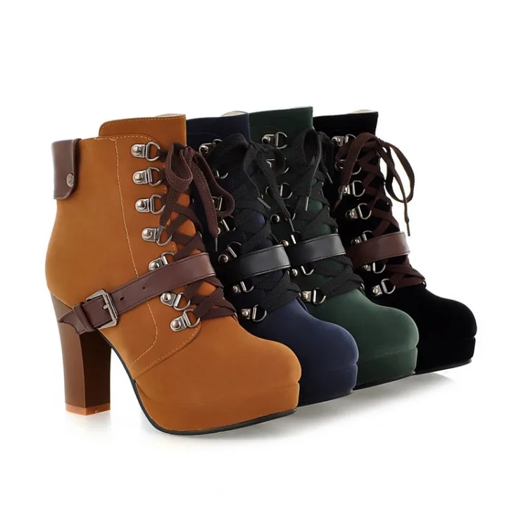 Warm Winter Flock Inside Lace Up Buckle High Heel ...