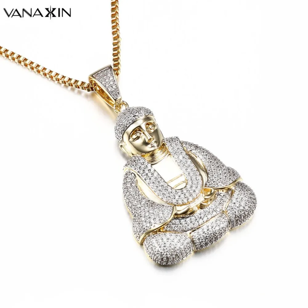 

VANAXIN Buddha Necklaces & Pendants Men Iced Out Cubic Zirconia Gold/Silver Color Fashion Male Religion High Quality Jewelry Box