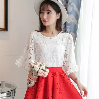 

new lace tops women blouses shirt summer White Lace Flare Sleeve Elegant Women Tops hollow blouse shirt Female Fashion Korean