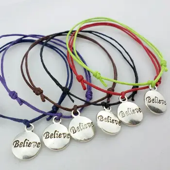 

Wholesale 50pcs Metal Round Believe Charm Bracelet Lucky Red Cord Braided Bracelets Women Men Gifts