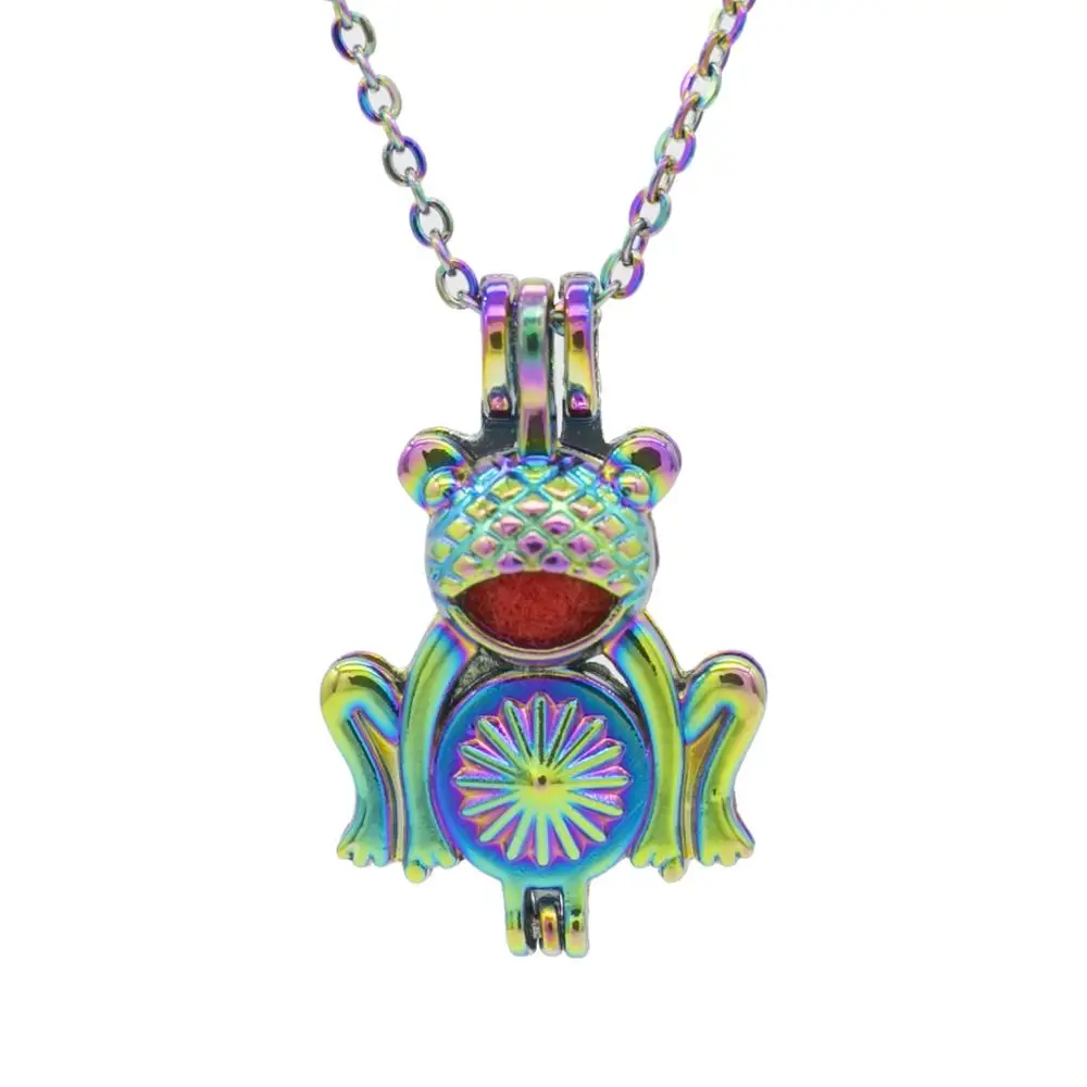 

REYOW 1pcs Rainbow Cute Frog Oyster Pearl Bead Cages Pendant Essential Oil Diffuser Locket Jewelry Necklace DIY