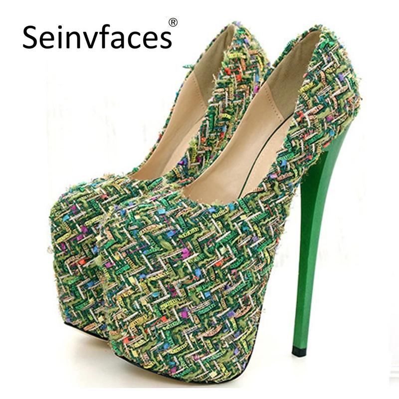 

Women's retro vintage fresh green apricot caddice material round closed toe slip-on platform extreme thin high heels pumps F15
