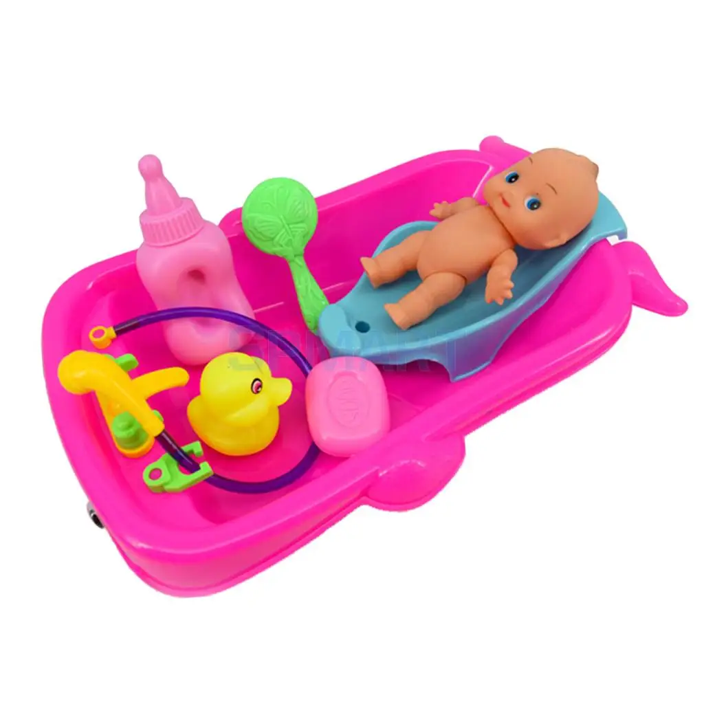 Set of Toddler Baby Adult Role Pretend Play Game Doll Bath in Bathtub Developmental Preschool Water Toy w/ Doll Gift Red
