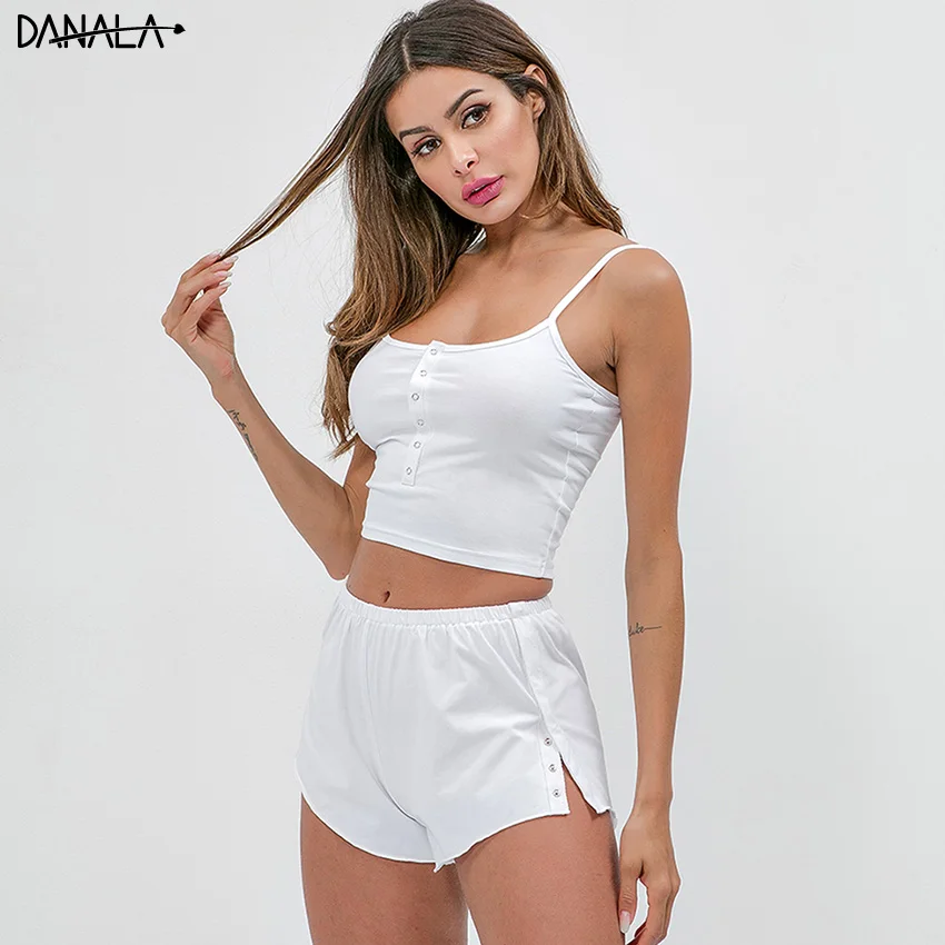 Комплект ночного белья для женщин DANALA белая Пижама на бретельках с шортами лета