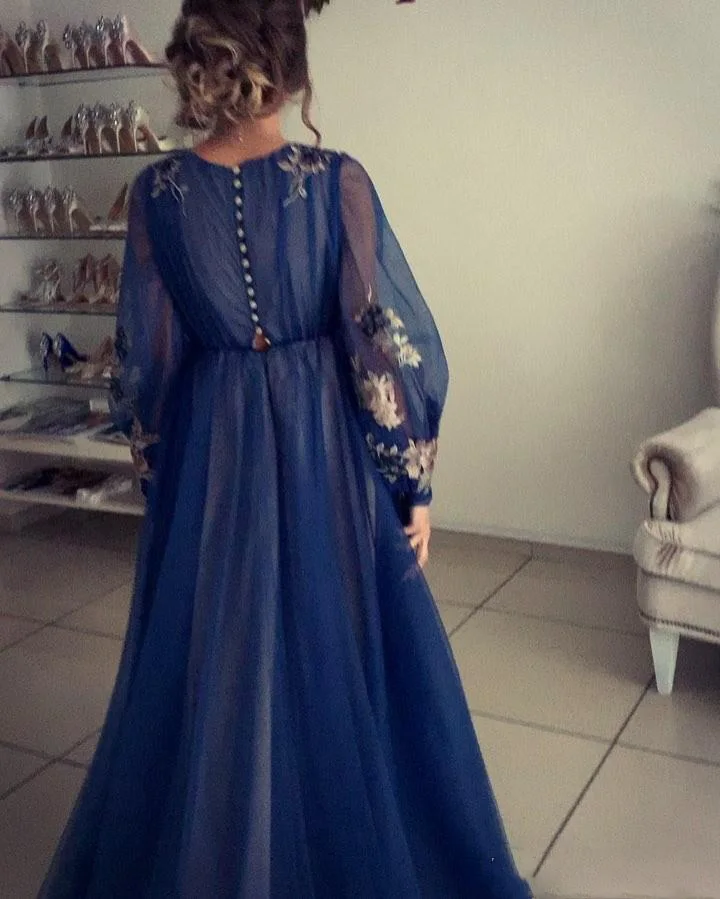 С длинным рукавом синие Выпускные платья трапециевидной формы Кружева Аппликация формальная праздничная одежда арабское вечернее платье размера плюс платье для особых случаев