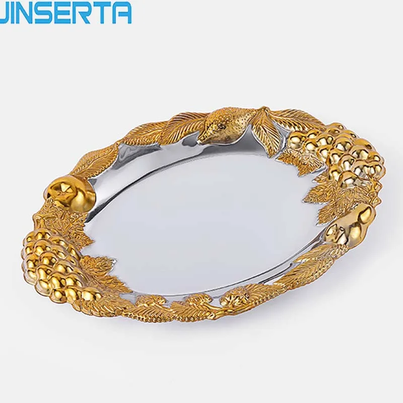 

JINSERTA Metal Serving Tray Jewelry Display Plate Oval Gold Dessert Fruit Cake Plate with Handle for Home Party Wedding Decor