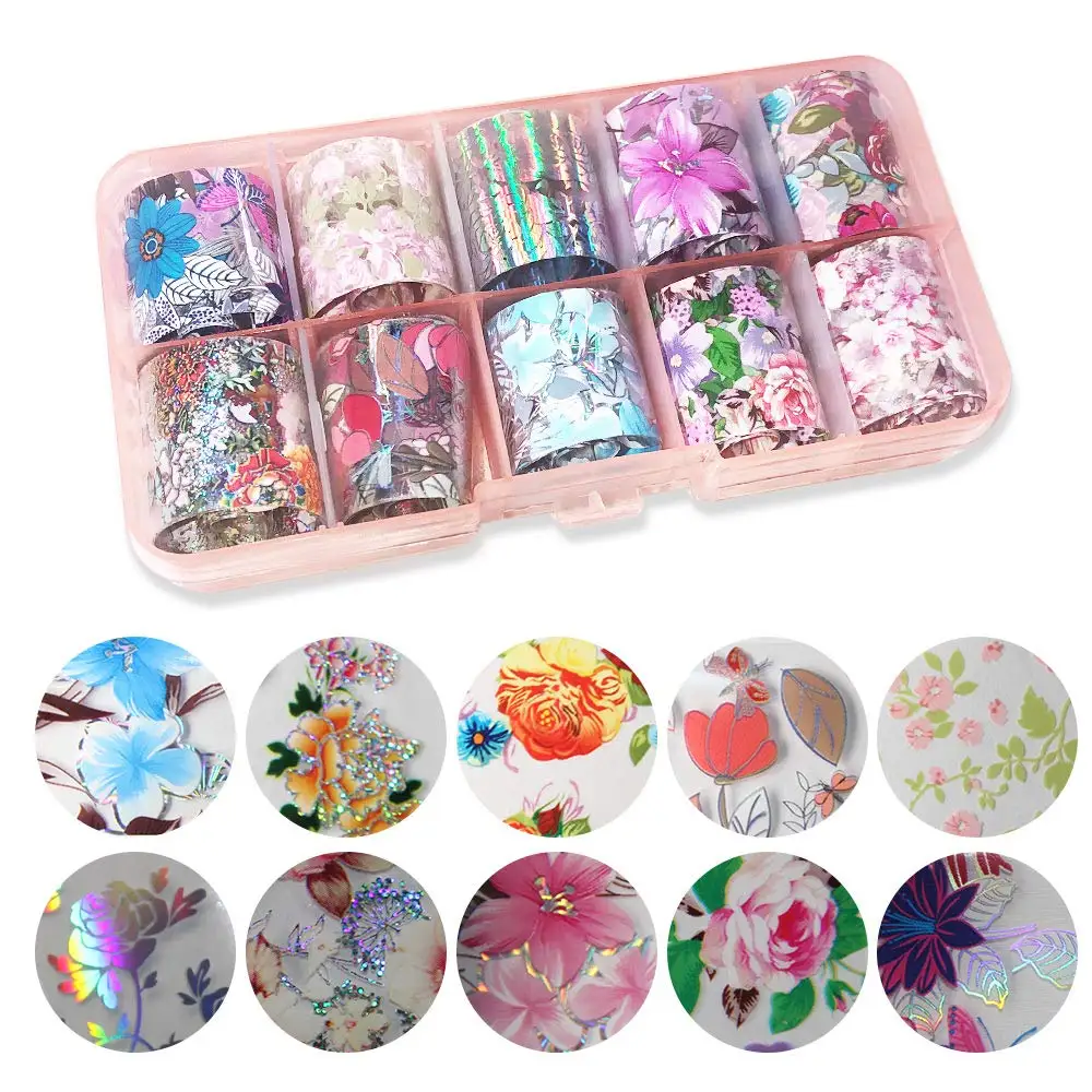 

10 Rolls Laser Holographic Nail Foil Sticker Colorful Flower Starry Sky Manicure Transfer Decals Nail Art DIY Decoration Kit