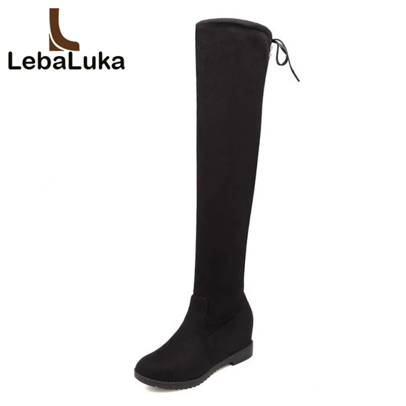 

LebaLuka Plus Size 30-50 Women Flats Stretch Boots Warm Fur Winter Slim Thigh Shoes Women Lace Up Over Knee Boots Lady Footwear