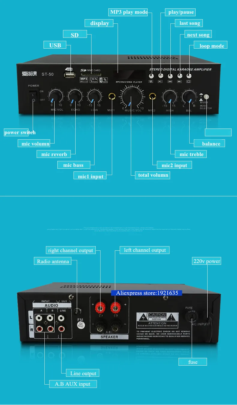 Светодиодный трансформатор постоянного impendance 5 Вт+ 50 вт 2-канальный стерео Hi-Fi усилитель мощности bluetooth домашний караоке усилители с пультом дистанционного управления USB/SD играть