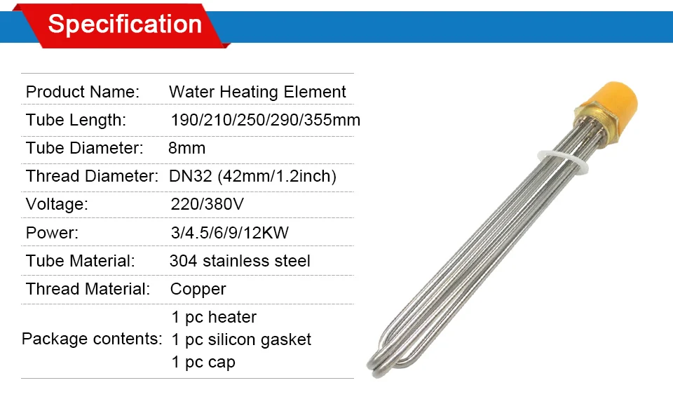 Водяной нагревательный элемент 220 В/380 В, 1,2 "медь нитки, 304 нержавеющая сталь элемент водонагревателя