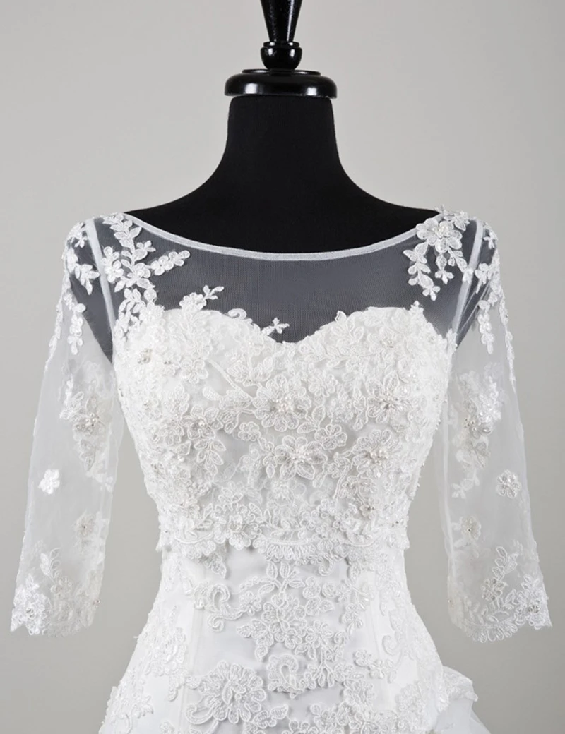 Real Sample Ivory Lace Wedding Jacket Bridal Bolero Beaded Crystal Pearls 3/4 Sleeves Wedding Bolero Wrap Shawl RJ07