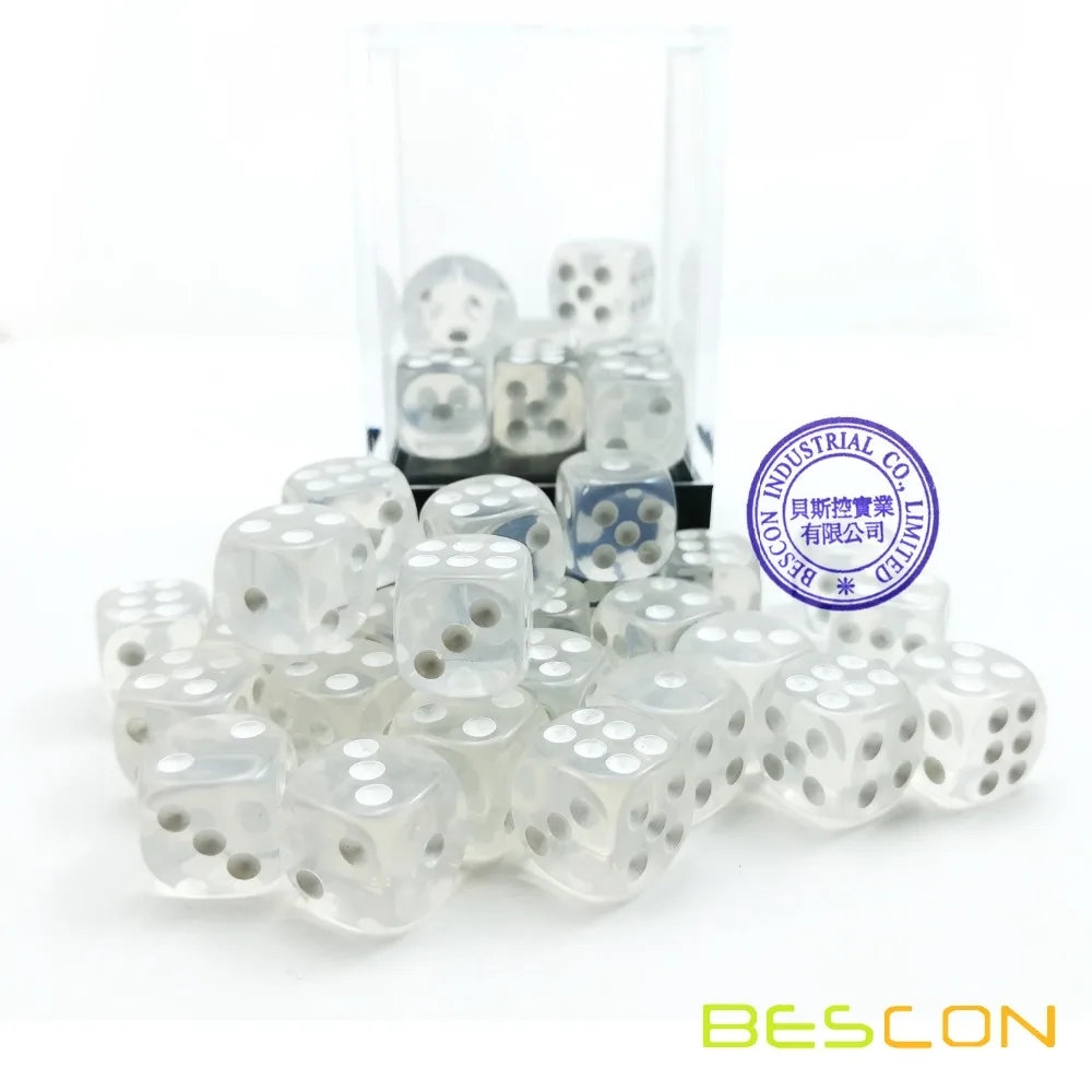 Bescon 12mm 6 Sided Dice 36 in Brick Box, 12mm Six Sided Die (36) Block of Dice, Translucent White with Pips 4