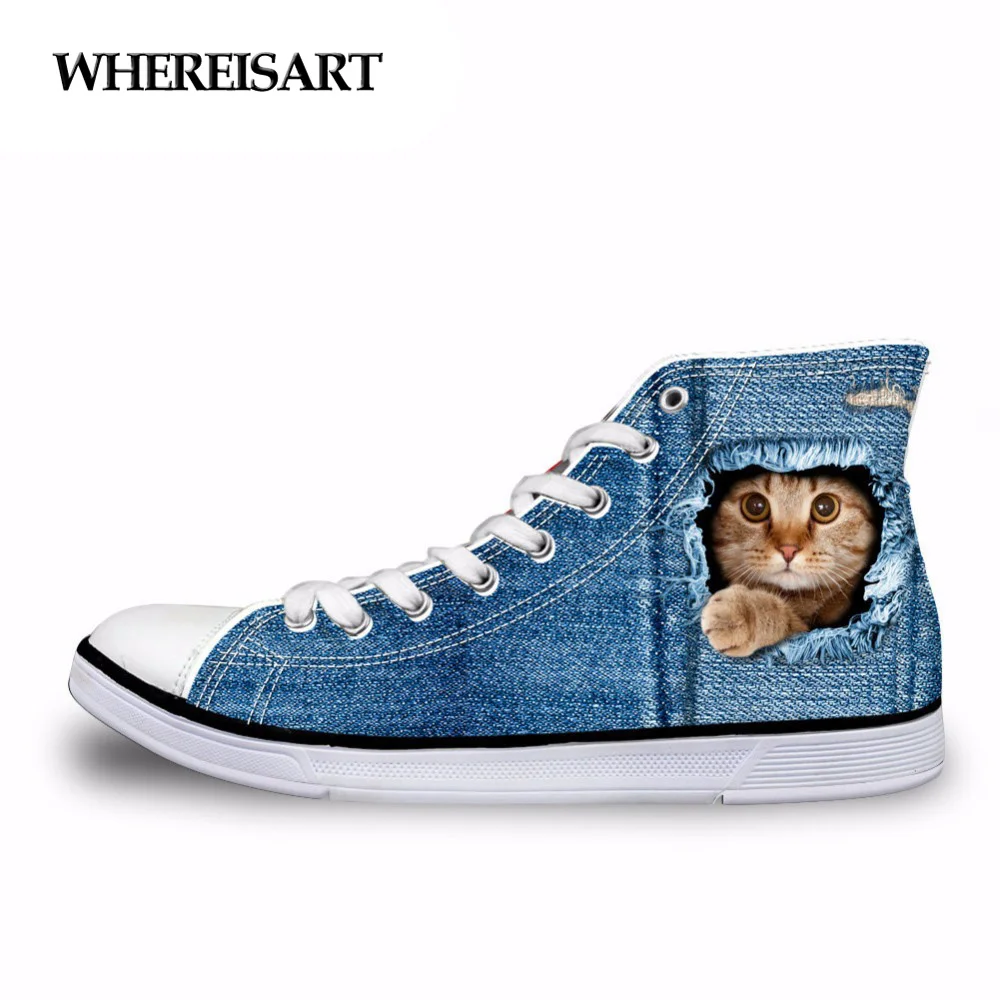 

WHEREISART Hot Women's High Top Vulcanize Shoes 3D Animal Cat Denim Print Classic Woman Canvas Girls Walking Espadrilles