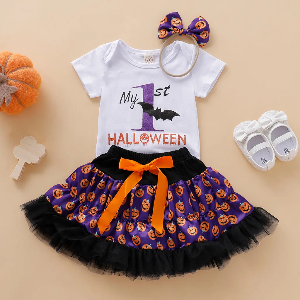 

Baby Girl Halloween Letter Romper Pumpkin Print Skirts HairBand Sets Newborn Toddler Infant 2019 Fashion Outfits