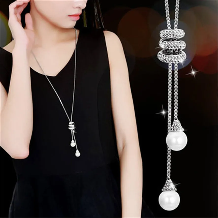 

choker necklaces bracelets Ladies Fashion Charm Crystal Pearls Pendant Necklace Luxury Long Necklace Sweater Chains 182510