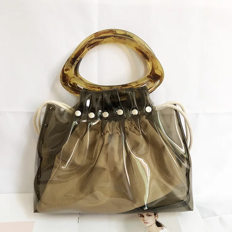 

Clear Acrylic Handle Jelly Handbags for Women Rivet Acrylic Shell Handle Composite Totes Party Evening Transparent Beach Purse