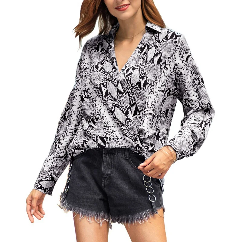

2019 New blusas Long Sleeve Button Down Shirt Womens Casual Loose Animal Leopard Snake Print Womens Tops And Blouses Plus Size