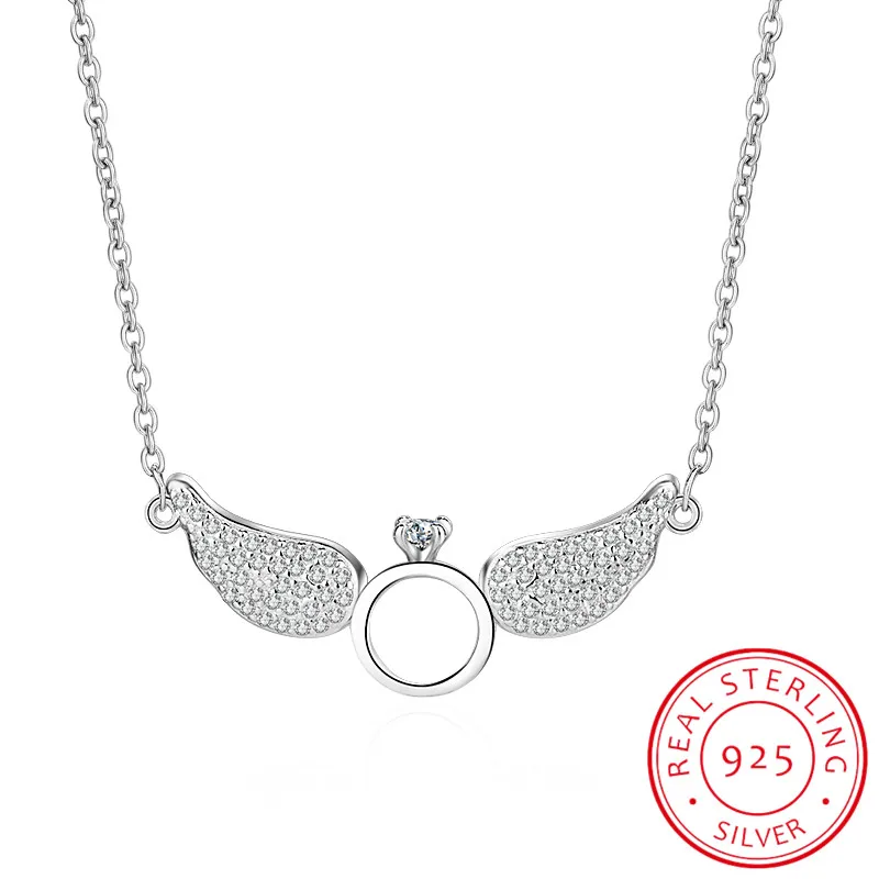 

925 Sterling Silver Angel Wings Pendant Necklace with Cubic Zirconia Circle Women Chain Necklace Gift Accessories