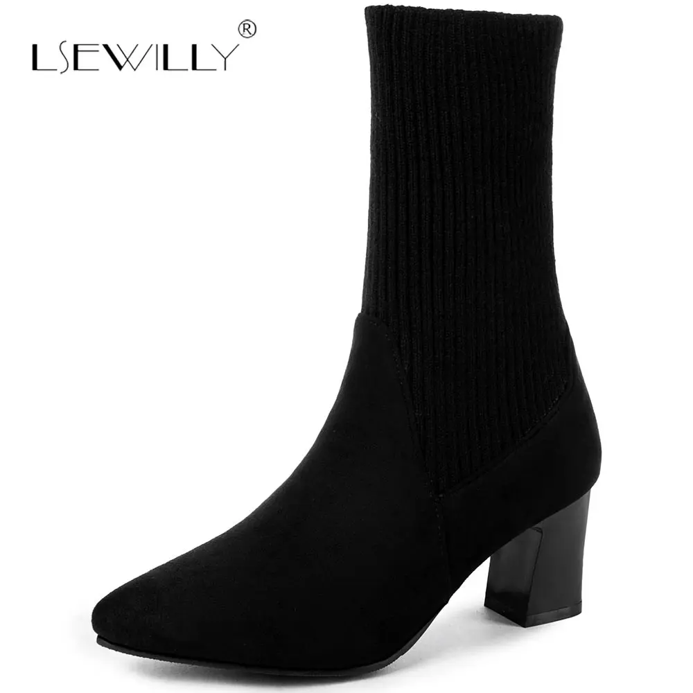 

Lsewilly Size 31-52 Women Mid Calf High Heel Boots Women Thick Heel Half Short Boots Winter Sock Boots Woman Footwear S938