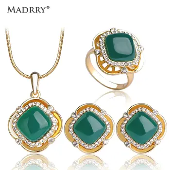 

Madrry Fashion Dubai Jewelry Sets For Women Wedding Engagement Gold Color Square Necklace Pendant Earrings Ring Set Crystal Anel