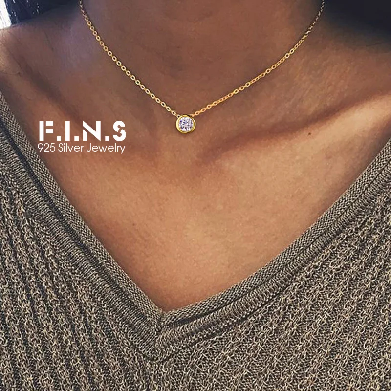 

F.I.N.S 925 Sterling Silver Round Zircon Choker Necklace Small Clavicle Chain Necklace Pendants for Women 925 Silver Jewelry